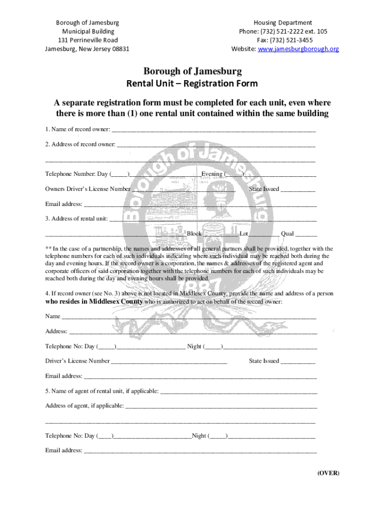Fillable Online Borough of Jamesburg Rental Unit Registration Form Fax
