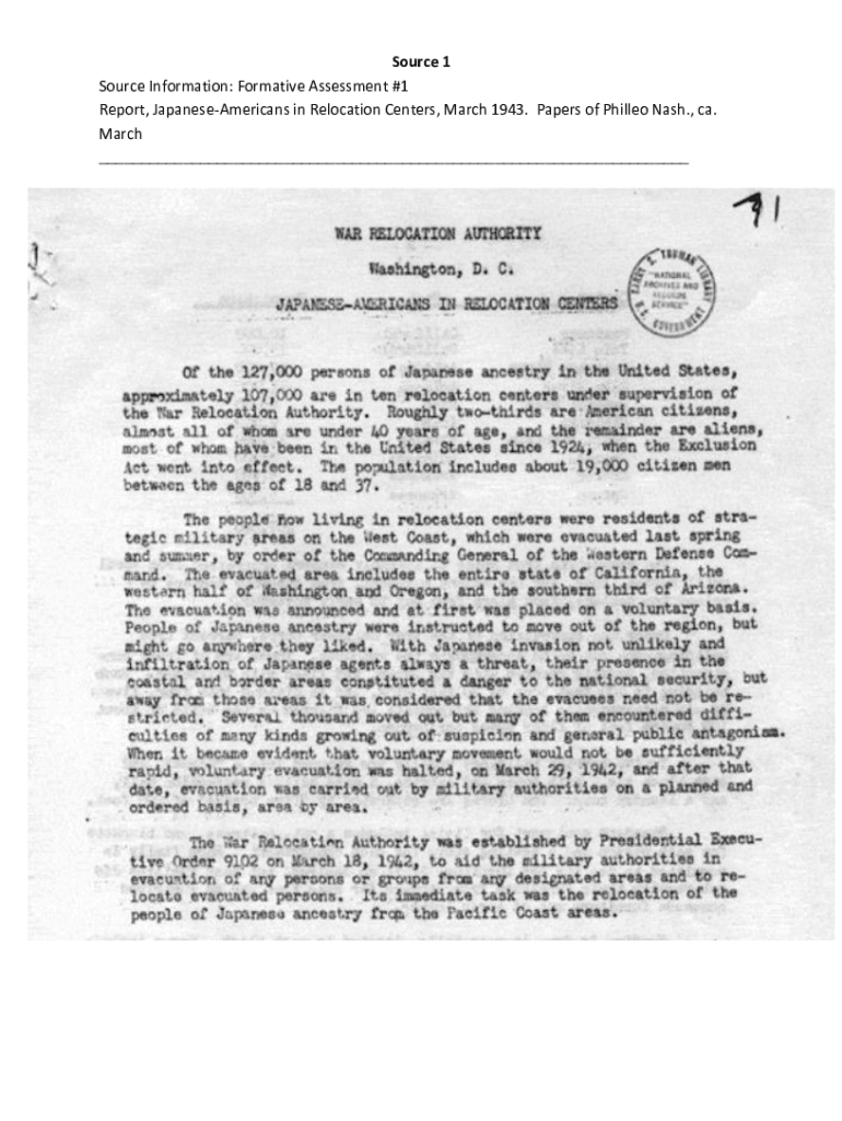 Fillable Online Formative Assessment #1 Report, Japanese-Americans in ...