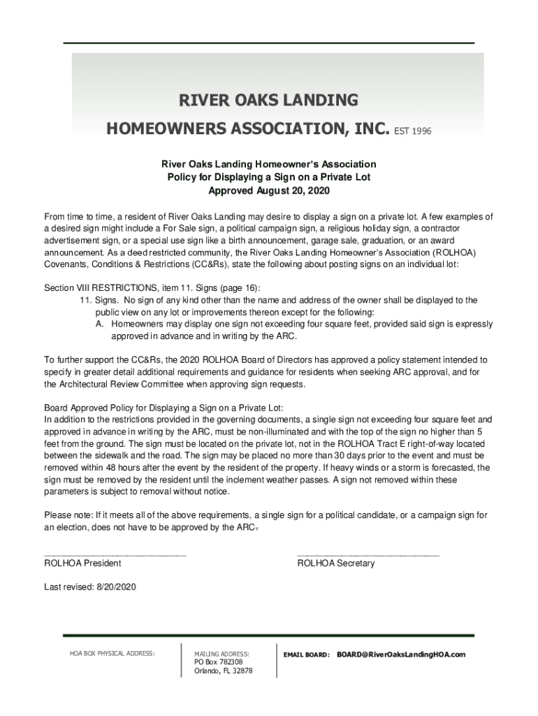 Fillable Online River Oaks Homeowners Association Updated Guidelines