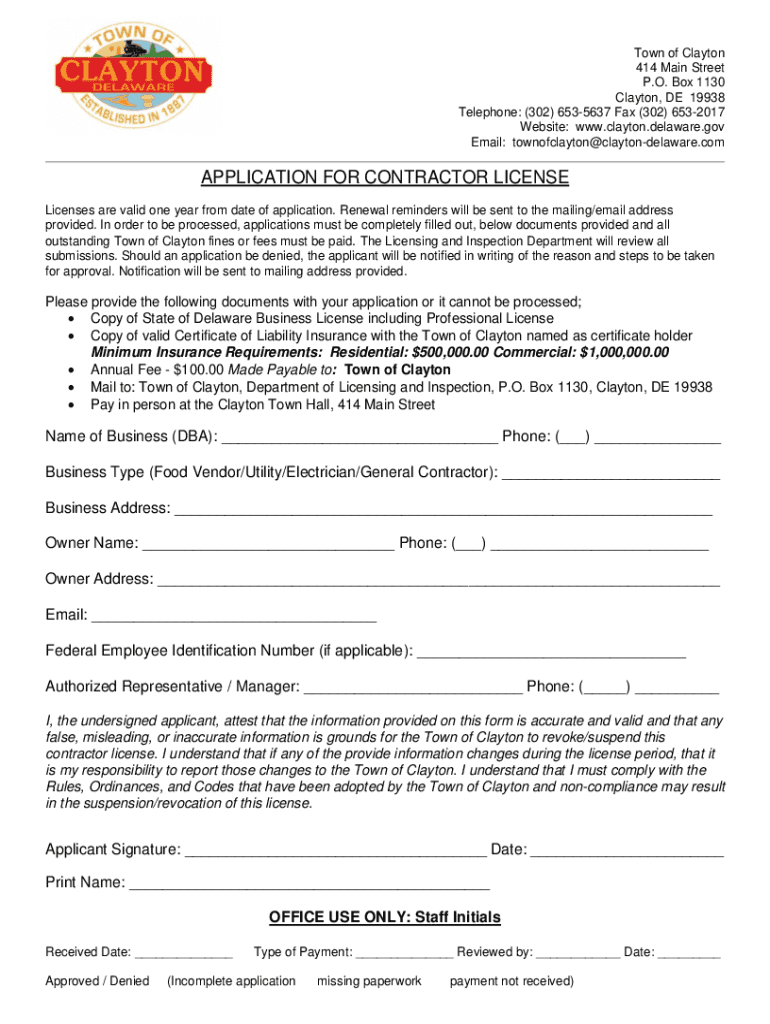 Fillable Online Inspections and Enforcement Town of Clayton, DE Fax