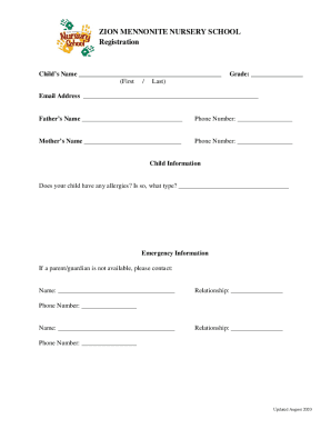 ZION MENNONITE NURSERY SCHOOL APPLICATION 2022