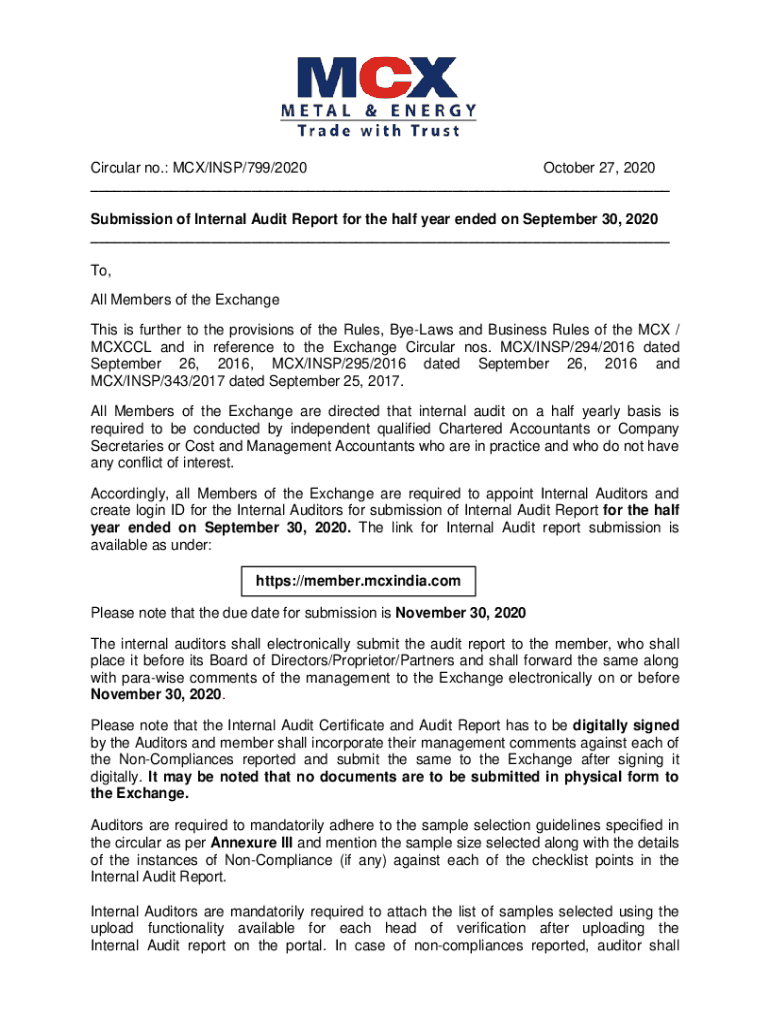 Fillable Online Submission of Internal Audit Report for the half year ...