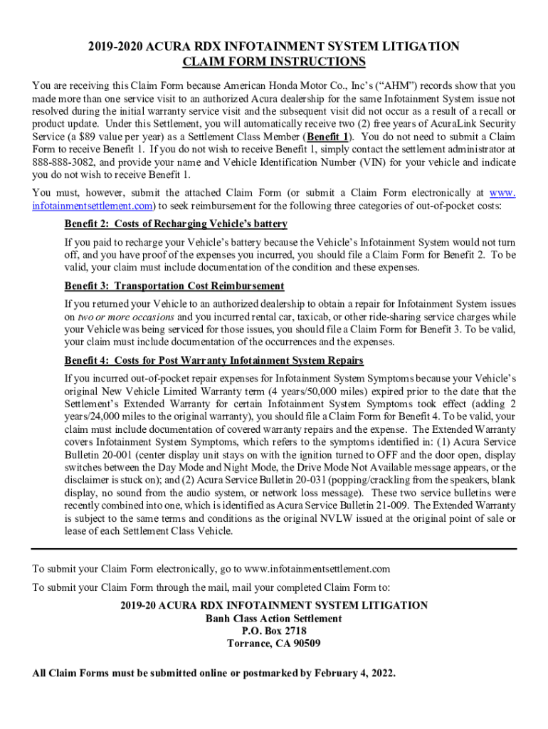 Fillable Online 2019-2020 acura rdx infotainment system litigation ...