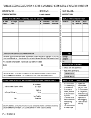 Demande de retour de marchandise - Return Material Authorization Request form