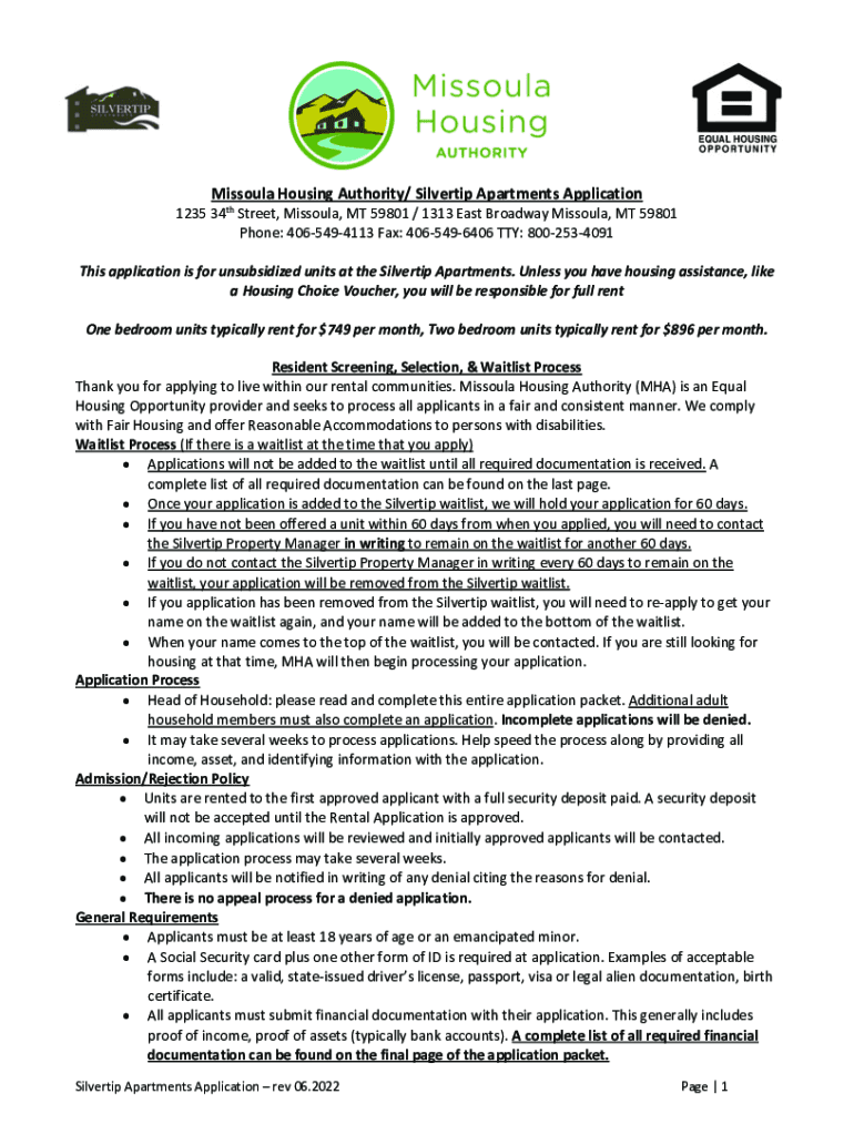 Fillable Online Missoula Housing Authority/ Silvertip Apartments