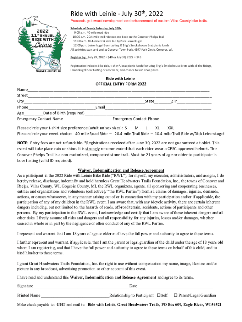 Fillable Online Ride with Leinie Official Entry Form and Waiver 2022