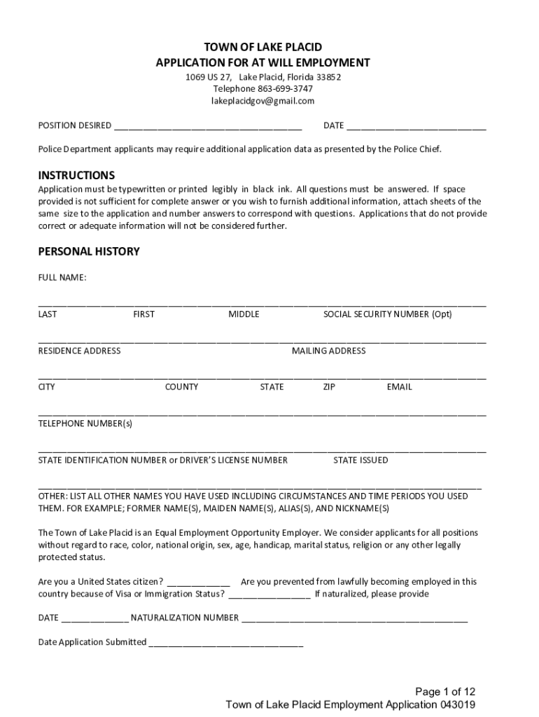 Fillable Online Town of Lake Placid Application for at will employment ...