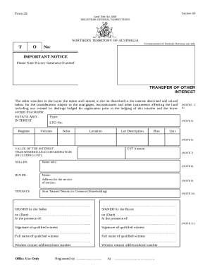 Form no. 29 - Transfer of other interest. Application to Note Change of Name