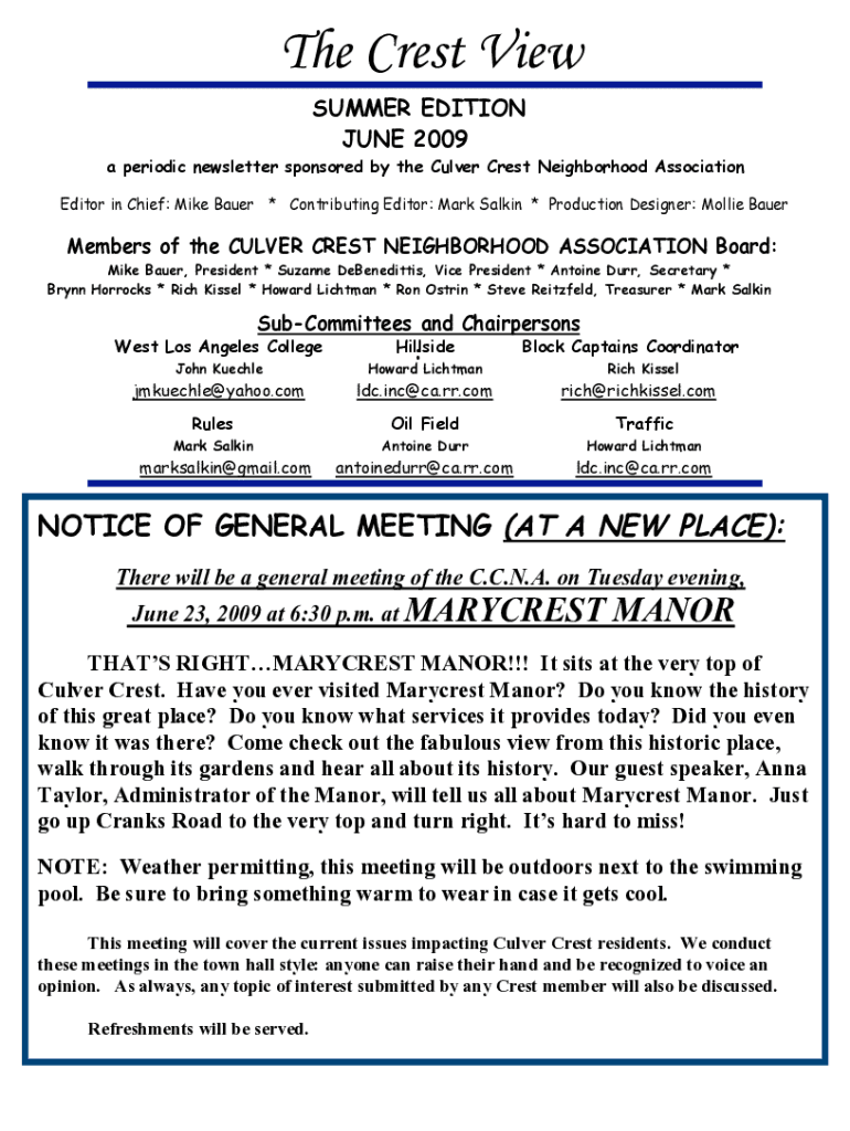 Fillable Online a periodic newsletter sponsored by the Culver Crest