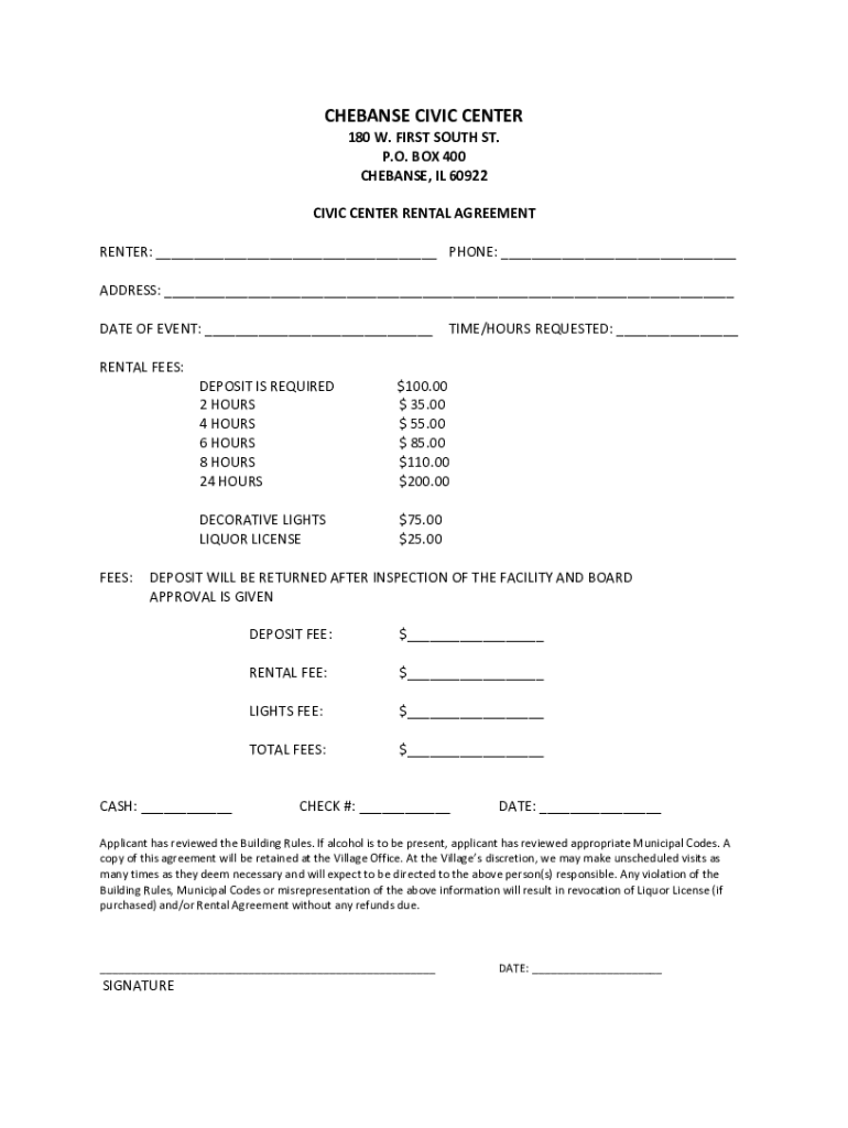 Fillable Online Chebanse Community Building Rental Agreement Fax Email