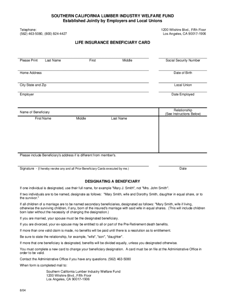 Fillable Online Southern California Lumber Industry Health and Welfare