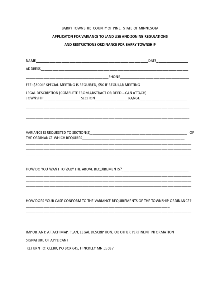 Fillable Online Variances Planning and Zoning to Pine County, MN Fax Email Print