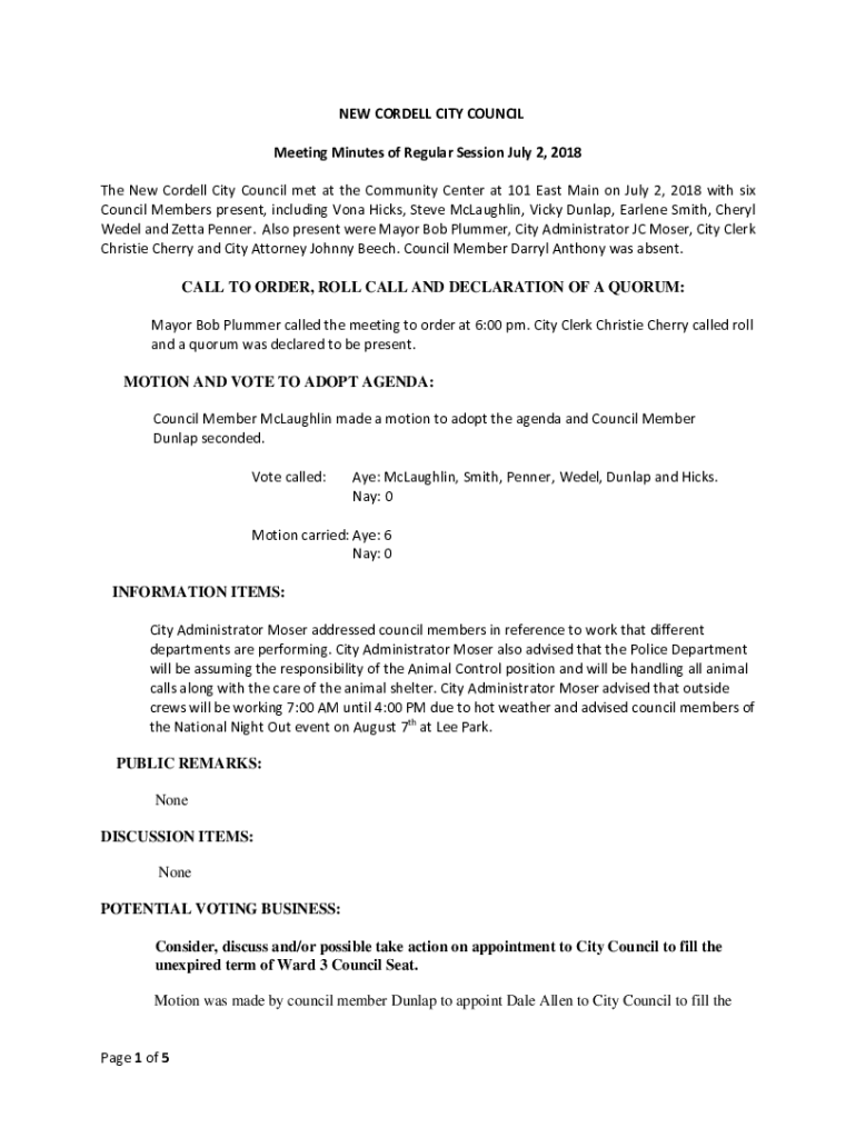 Fillable Online The New Cordell City Council met at the Community