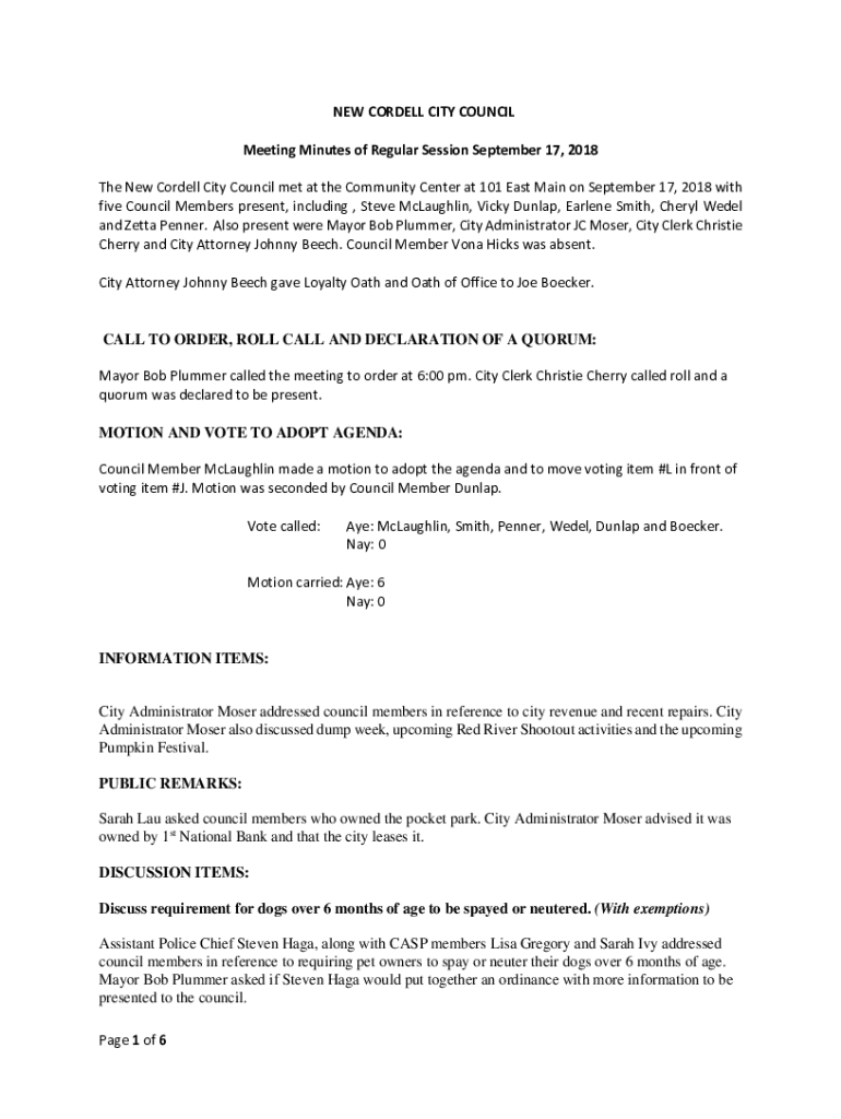 Fillable Online The New Cordell City Council met at the Community
