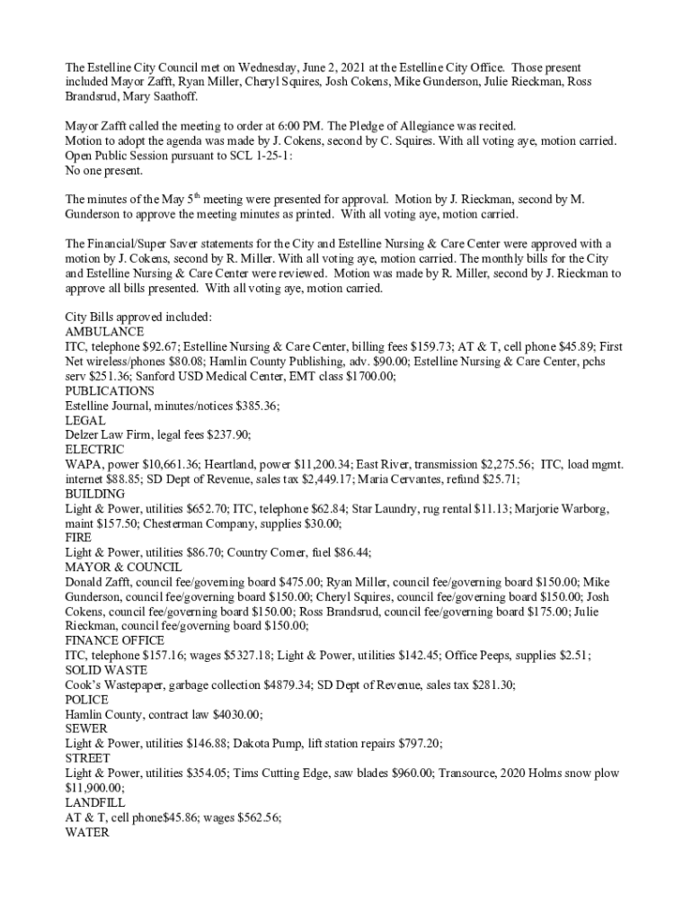 Fillable Online The Estelline City Council met on Fax Email Print