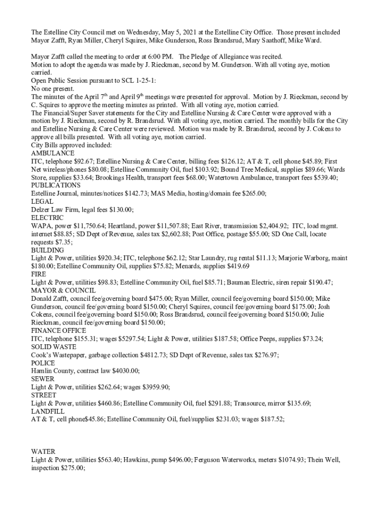 Fillable Online The Estelline City Council met on Wednesday, May 5