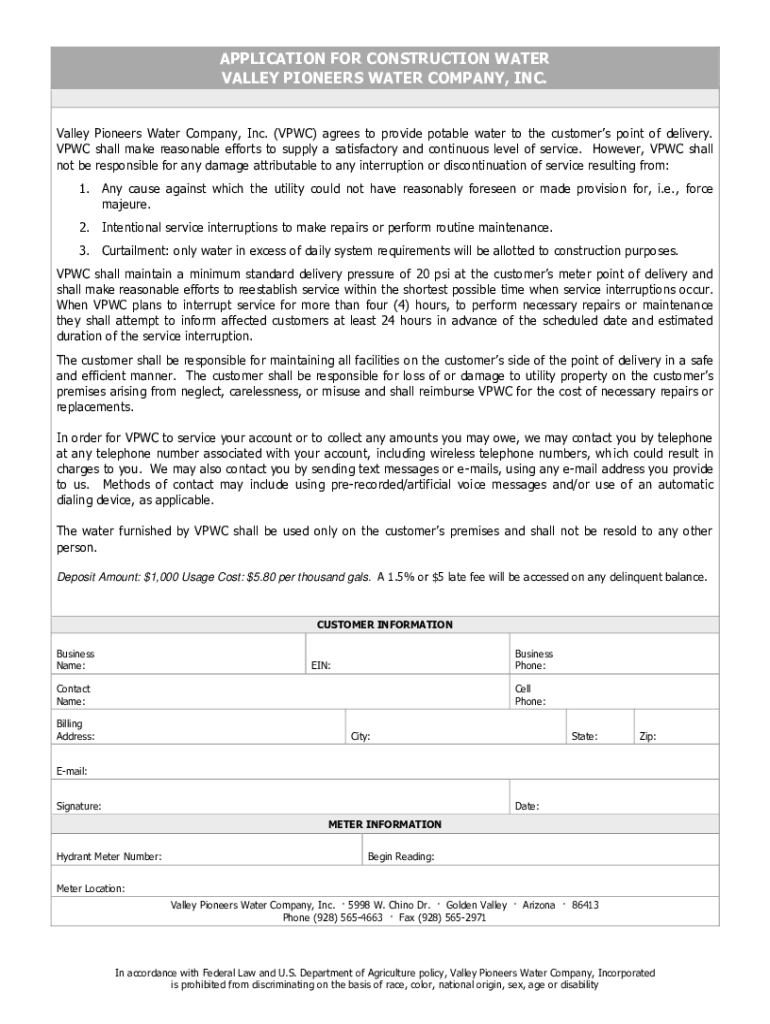 Fillable Online Valley Pioneers Water Company Home Fax Email Print