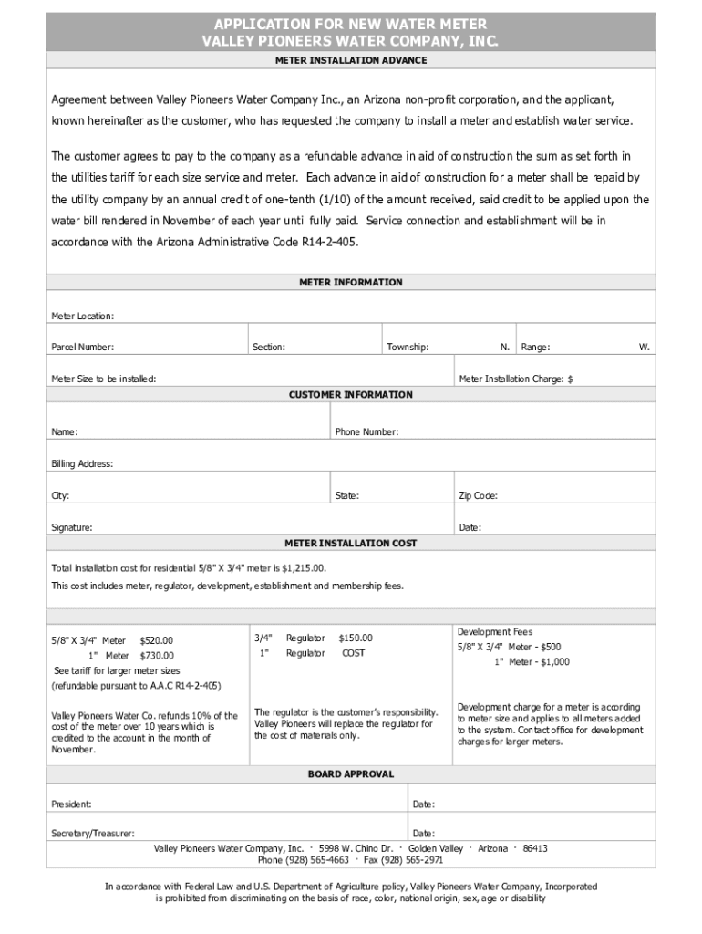 Fillable Online application for new water meter valley Fax Email