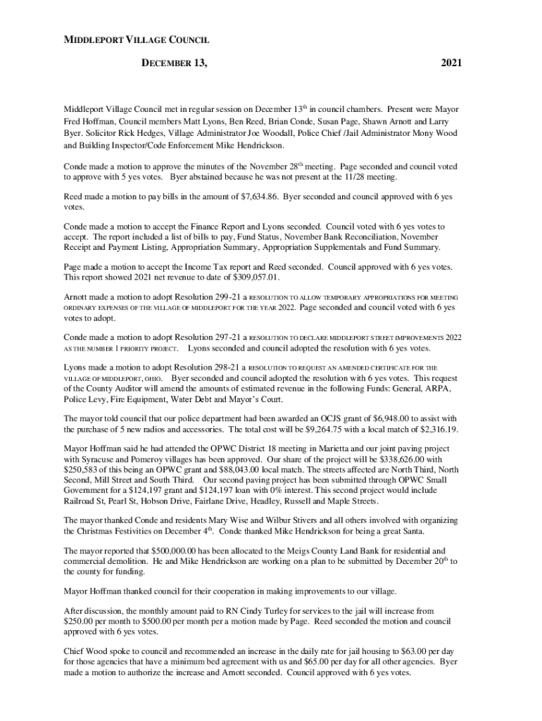 Fillable Online Middleport Village Council address fire & police