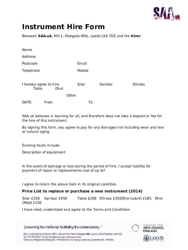 Instrument Hire Doc Template pdfFiller