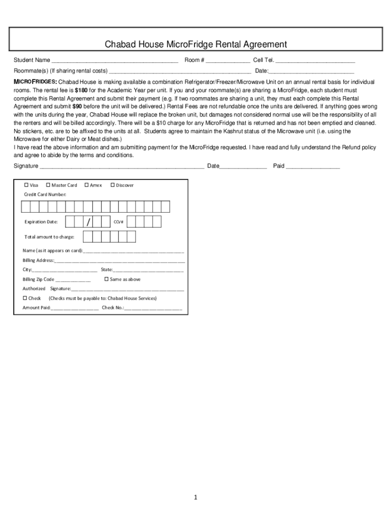 Fillable Online / CCV Chabad House MicroFridge Rental Agreement Fax