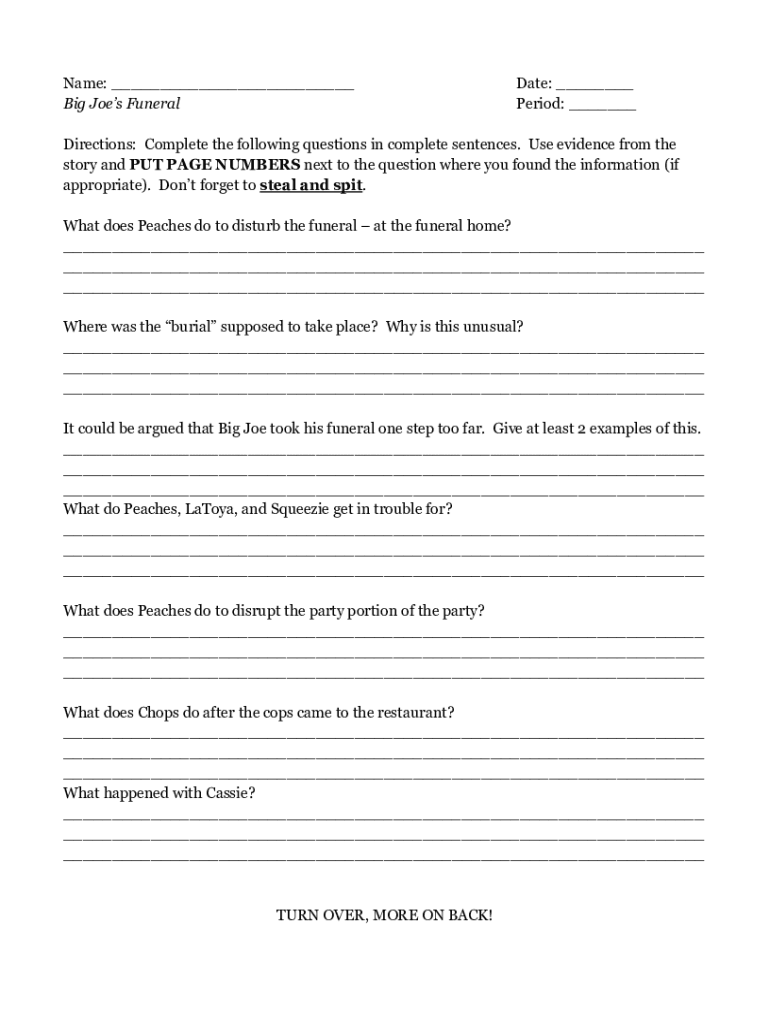 Fillable Online Unusual Disruptions at Big Joe's Funeral A Story Fax