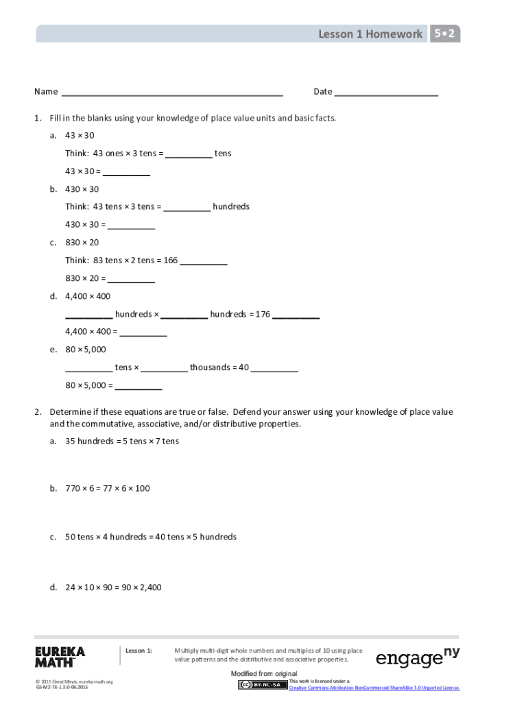 Fillable Online Eureka math grade 5 module 2 lesson 1 homework