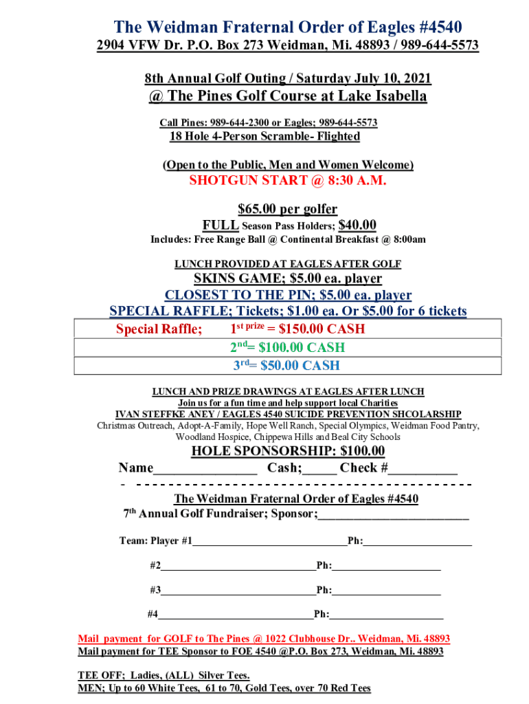 Fillable Online Fraternal Order of the Eagles Weidman Michigan Aerie