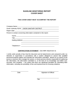 BASELINE MONITORING REPORT COVER SHEET