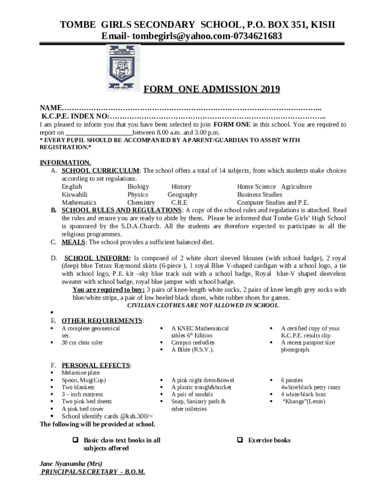 tombe girls high school, po box 351, kisii. student's visitors Doc Template pdfFiller