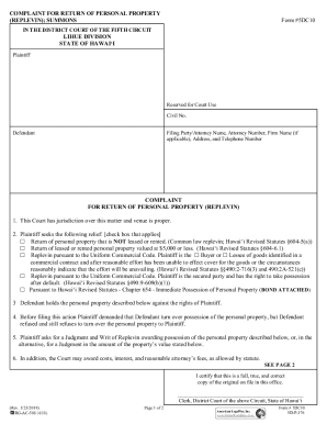 Complaint for Return of Personal Property (Replevin)