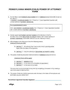 Pennsylvania Minor (Child) Power of Attorney