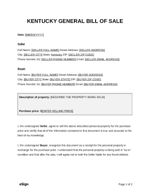 Kentucky Vehicle Bill of Sale: Printable PDF Doc Template | pdfFiller