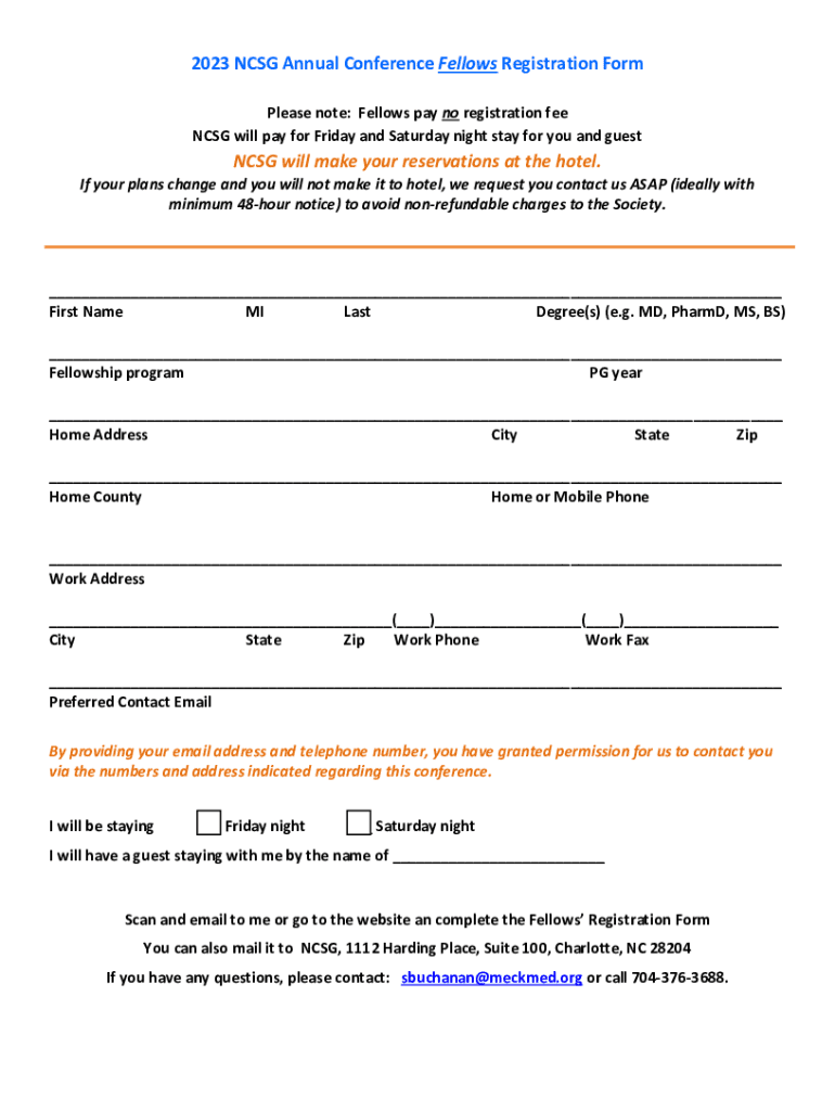 Fillable Online 2023 NCSG Annual Conference Fellows Registration Form