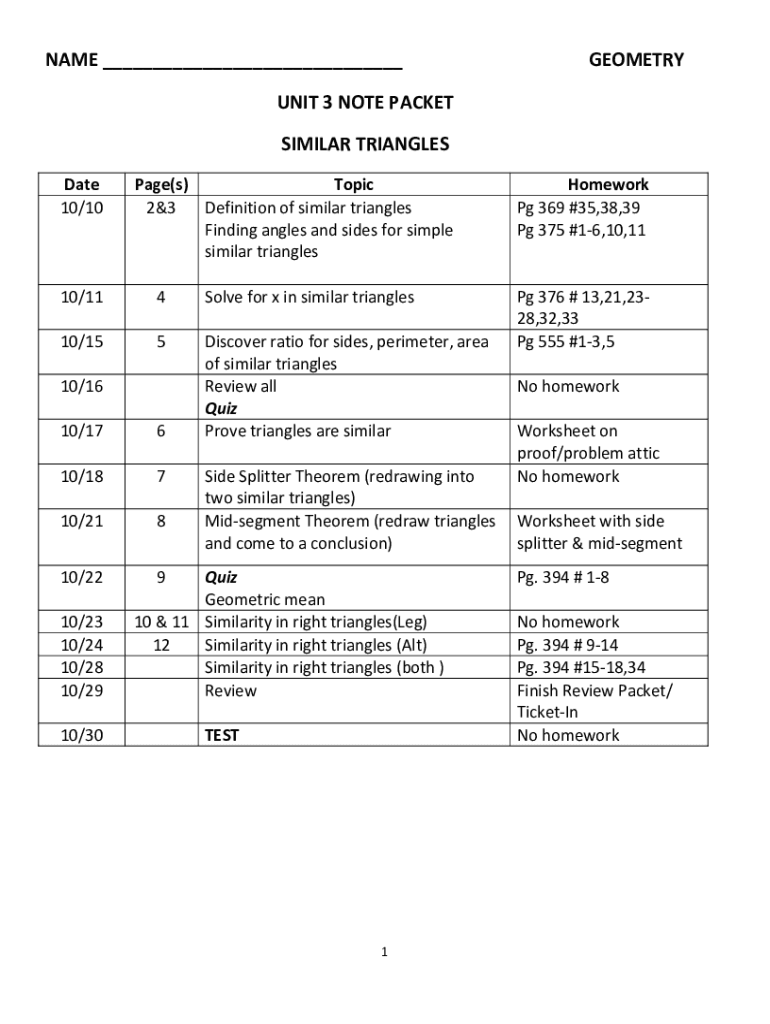 Fillable Online GEOMETRY UNIT 3 NOTE PACKET SIMILAR TRIANGLES Fax Email ...