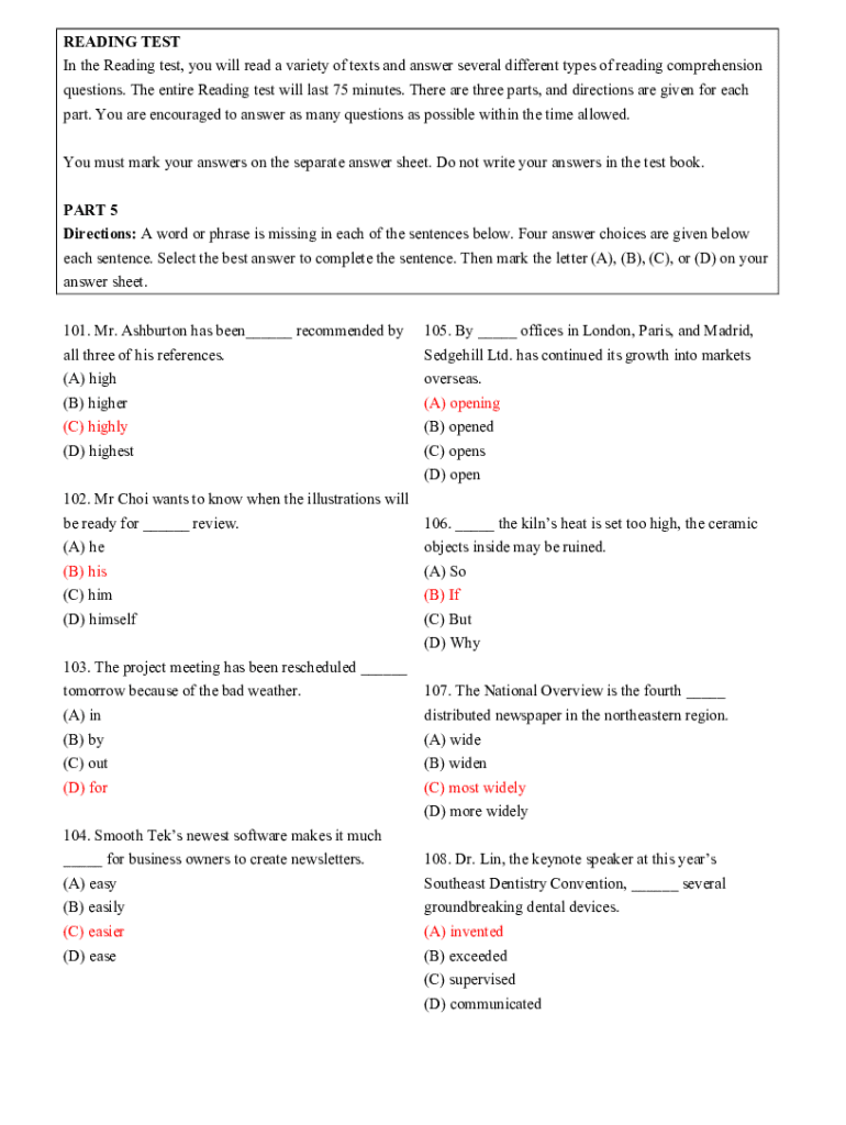 Fillable Online READING TEST PART 5 Fax Email Print - pdfFiller