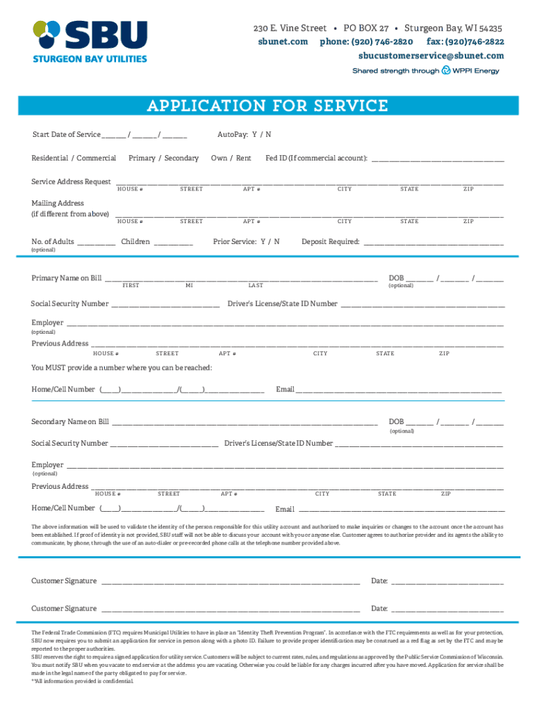 Fillable Online Sturgeon Bay Utilities, 230 E Vine St, Fax Email