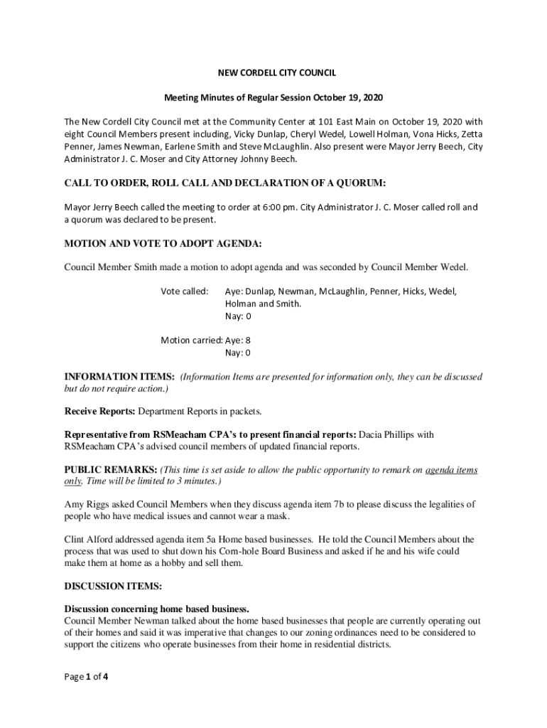 Fillable Online The New Cordell City Council met at the Community
