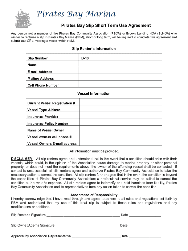 Fillable Online Pirates Bay B205 Waterfront Studio with Optional Boat Slip Fax Email Print