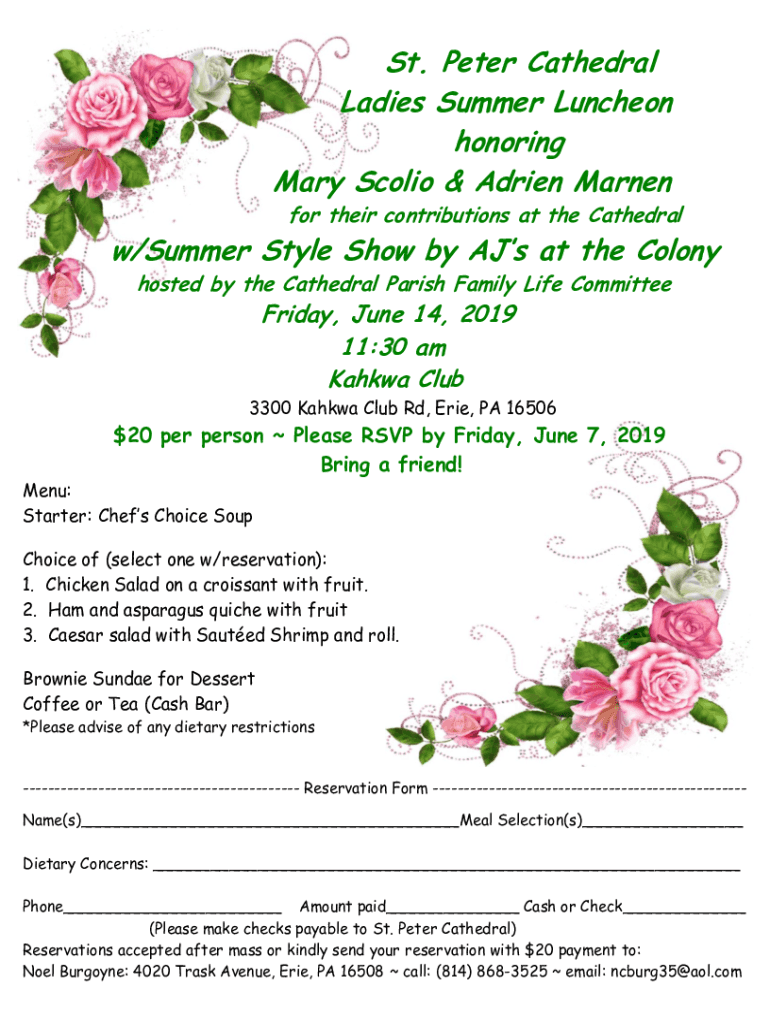 Fillable Online St. Peter Cathedral Ladies Summer Luncheon honoring ...