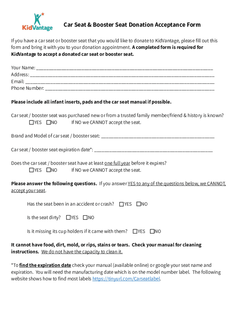 Fillable Online Car Seat & Booster Seat Donation Acceptance Form Fax
