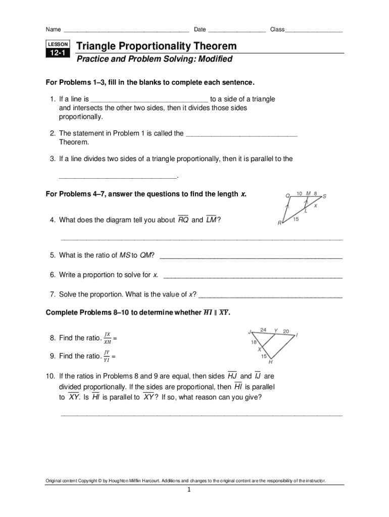 Fillable Online Answered: LESSON Triangle Proportionality Theorem Fax ...