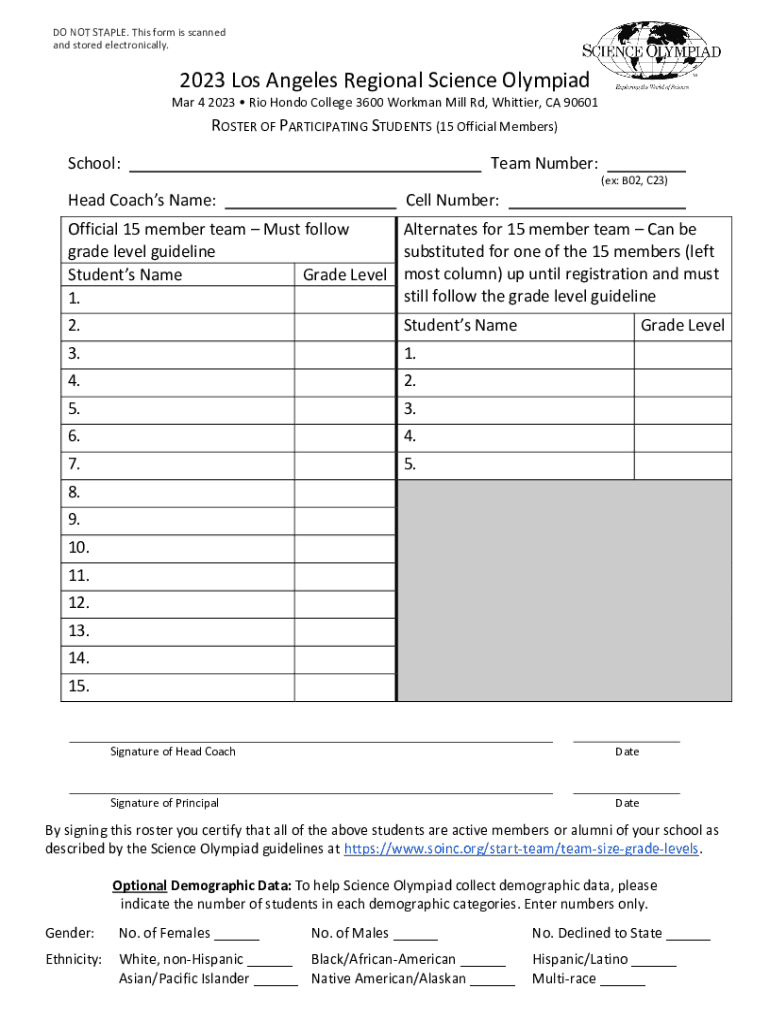 Fillable Online Southern California Science Olympiad Regional
