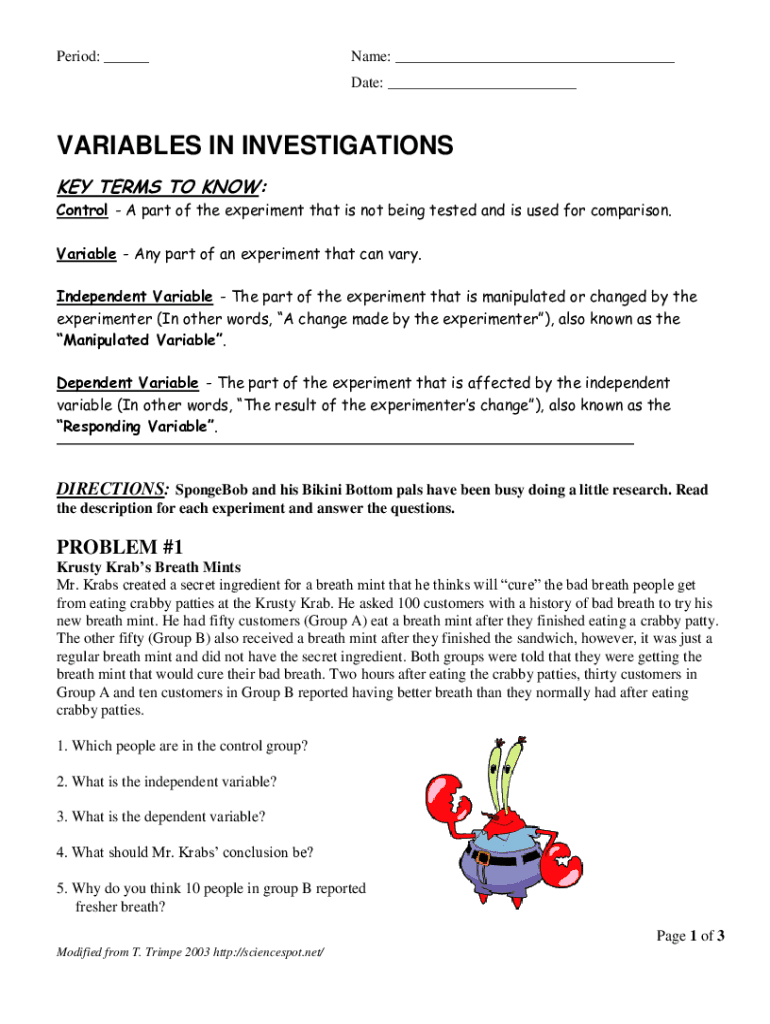 Fillable Online Scientific Method - Controls and Variables Name Fax ...