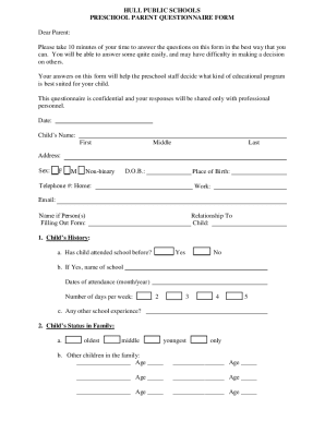 Preschool Parent Questionnaire - Fillable Form