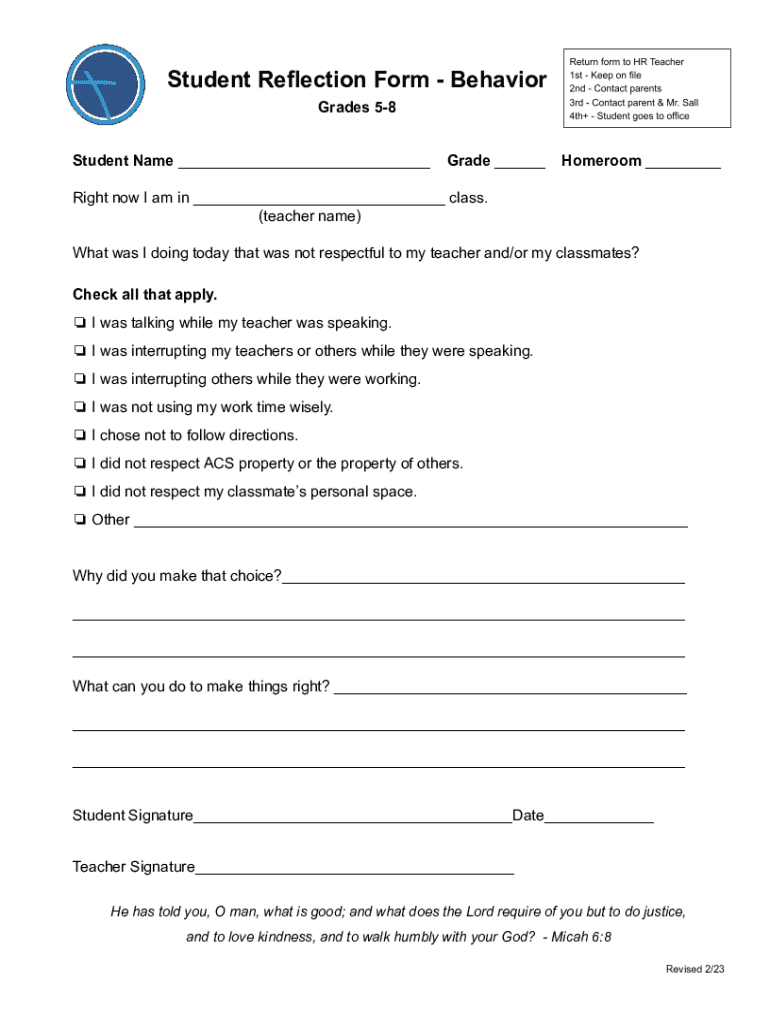 Fillable Online Student Reflection Form - Behavior (5-8) Fax Email ...