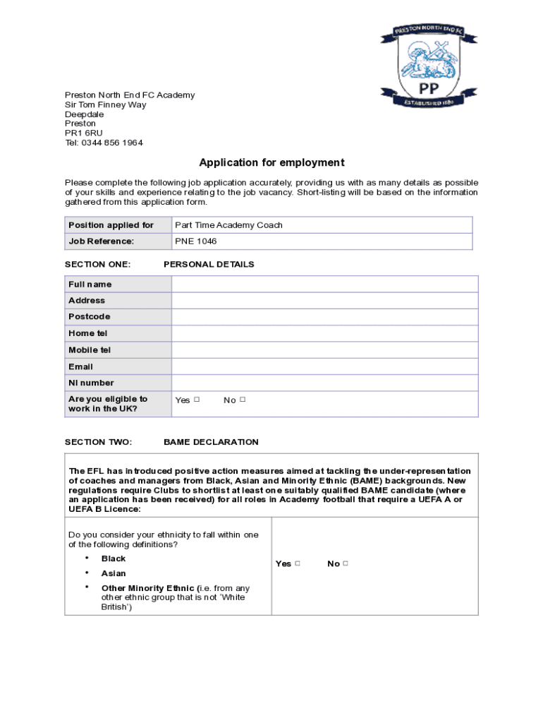 Fillable Online PNE Application Form Part time Academy Coach Fax