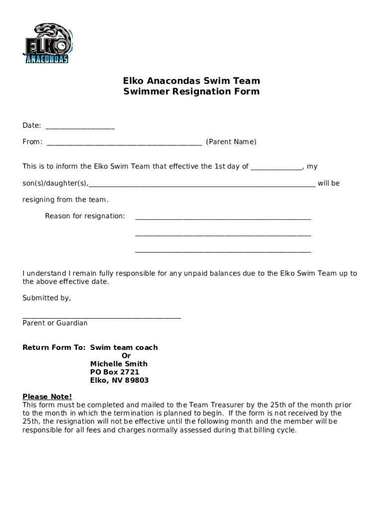 Elko Anacondas Swim Team Swimmer Resignation Doc Template pdfFiller