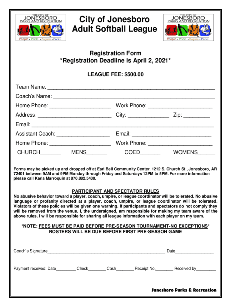 softball registration form template Preview on Page 1