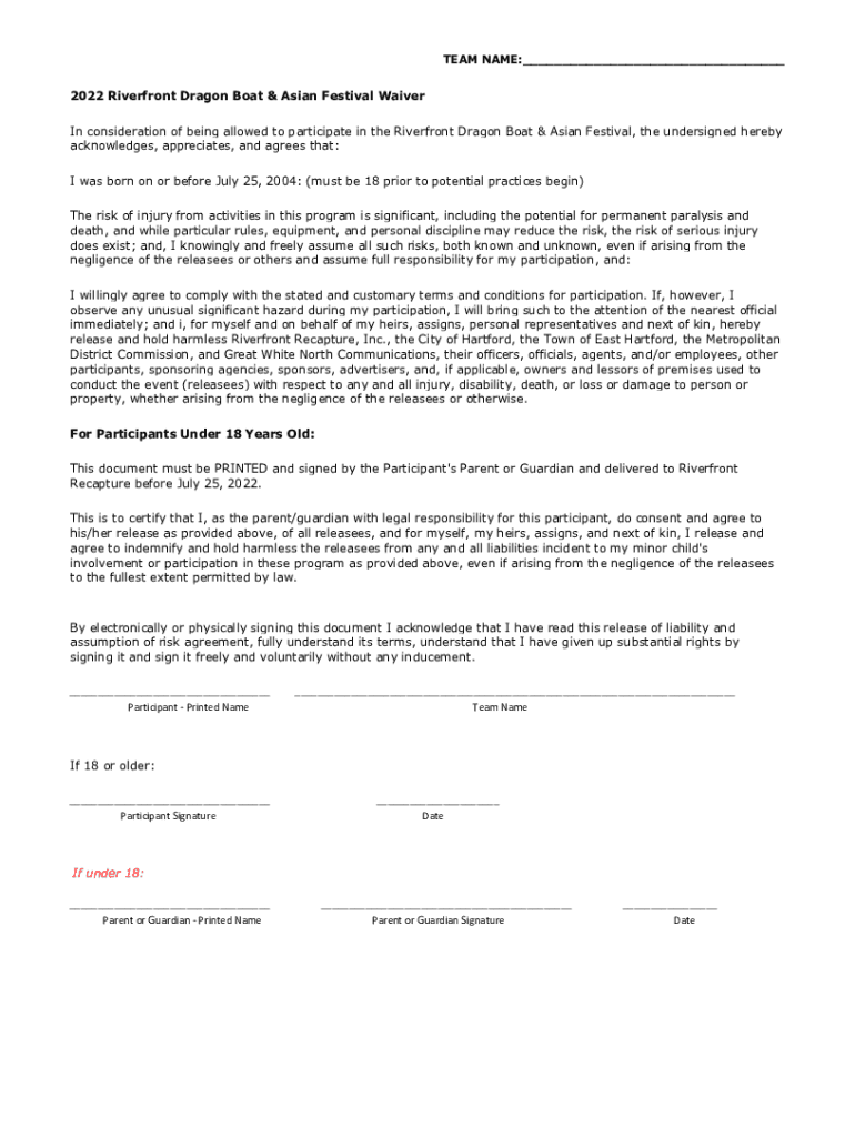 Fillable Online Lake Lanier Hong Kong Dragon Boat Festival Team Waiver ...